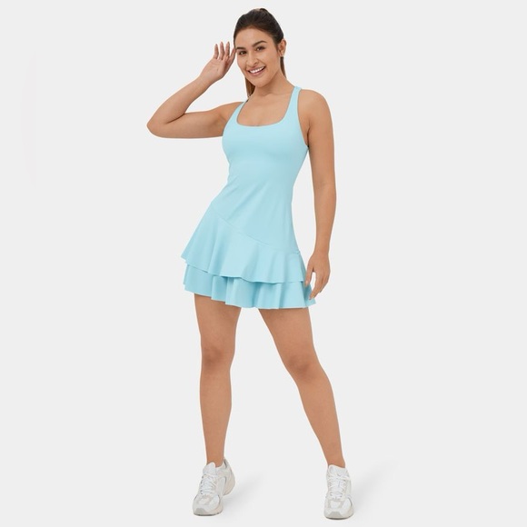 Halara Play dress, Airy Backless Crisscross Layered Ruffle Mini Cool Touch Sz L - Picture 6 of 13